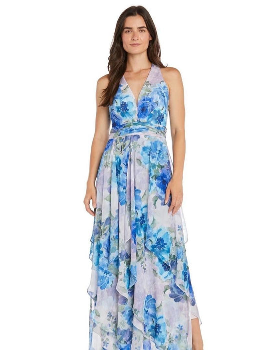 R&M Flowy Chiffon Maxi Dress with Blue and Lavender Floral Print New with Tags!