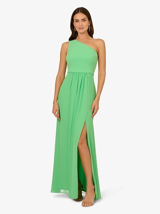 Adrianna Papell Women's One Shoulder Chiffon Gown Long Evening Gown with Pleate