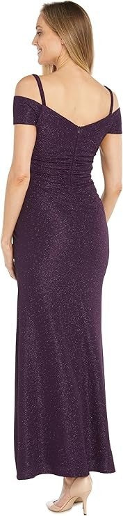 R&M Richards Women's Glitter Knit Gown Plum Portrait Collar Cold Shoulder Size 18